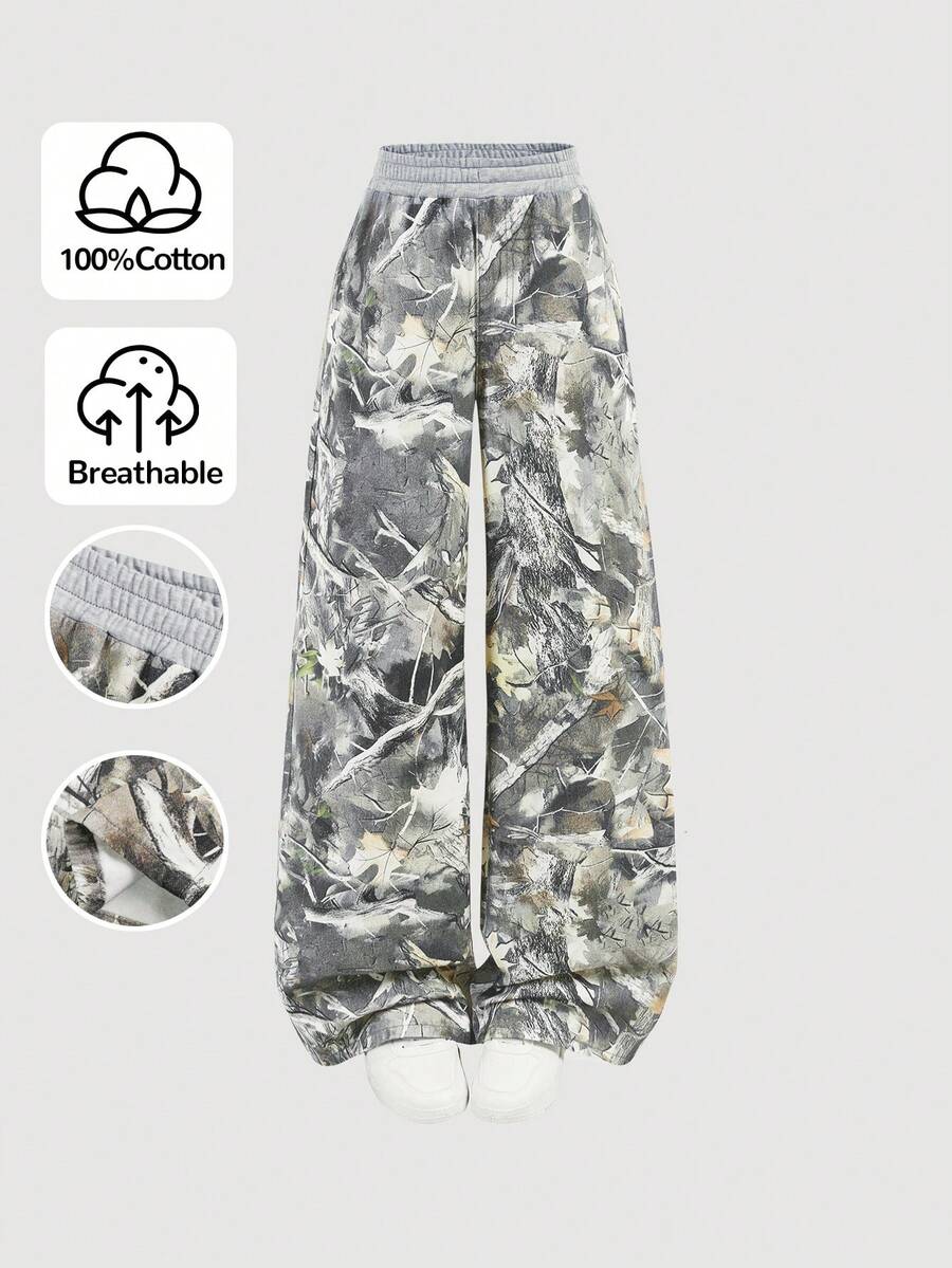 Girlism Teen Girl New Vintage Fashion Soft Comfortable Y2K Oversized Tree Branch Print Elastic Waist Jeans, Fall Winter,Casual And Versatile For Fall/Winter Dailywear And Streetwear,Christmas, New Year,Thanksgiving,Graduation - Brown - View 1