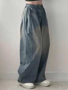 DAZY 女士休闲水洗复古阔腿牛仔裤 Y2k - 中等水洗藍 - 查看 4
