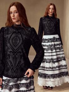 MOTF PREMIUM Áo nhung jacquard khoét eo họa tiết hoa hạt điều thanh lịch dành cho nữ - màu đen - Xem 7