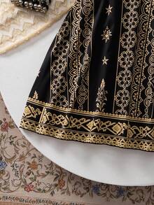 SHEIN Explorewe Tween Girls' Two Pieces Suit; Middle Eastern T-Shirt + Skirt Two Pieces Suit; Moon And Star Print, Simple And Versatile - Black - View 7