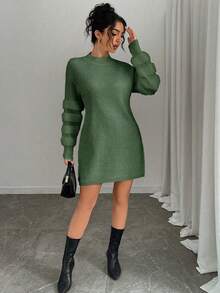 Elenzga Plus Size Solid Color Fitted Stand Collar Casual Versatile Long Sleeve Sweater Dress - Army Green - View 4