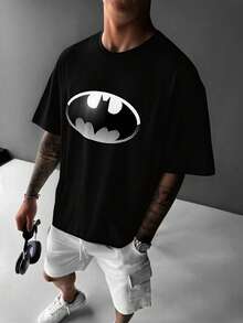 BATMAN X SHEIN 男女款休闲宽松蝙蝠徽标落肩 T 恤夏季 - 黑色 - 查看 1