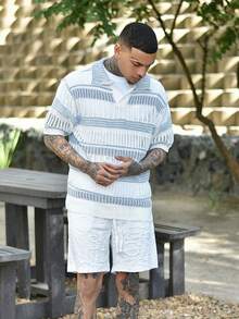 Devon Thys Camisa polo de manga corta tejida con rayas huecas para hombre - Azul y blanco - Ver 6