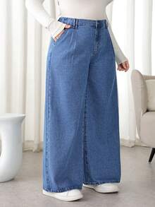 SHEIN PETITE CURVE 大码女式高腰口袋阔腿宽松休闲牛仔裤，适合冬季、圣诞节、新年、感恩节、通勤、度假、毕业典礼等场合，时尚百搭，Y2K风格，可爱街头风，适合派对、婚礼等优雅商务场合。 - 藍色 - 查看 4