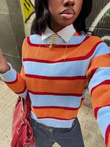 SHEIN Unity Casual Vintage Colorblock Striped Hooded Sweater, Autumn/Winter, New Year , Christmas Looks - Multicolor - View 8