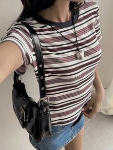 Livesso Áo thun nữ cổ tròn tay ngắn kẻ sọc thường ngày, mùa thu - Màu Đỏ Sâu - Xem 5