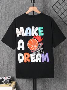 SHEIN 青少年男童撞色卡通字母篮球图案黑色短袖圆领T恤，休闲、校园、舒适、时尚、百搭、面料柔软，适合日常穿着、上学、郊游、户外运动、春夏篮球等场合。 - 黑色 - 查看 3