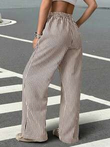 SHEIN EZwear 棕色条纹梭织休闲阔腿裤 - 棕色 - 查看 2