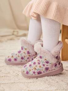 Cozy Pixies 1 Pair Of Girl Pink Flower Fashion Design Elegant, Cute, Light And Easy To Wear, Velvet Warm Winter Shoes Are Suitable For Home Leisure And Going Out To Play Snow Boots - Pink - View 3