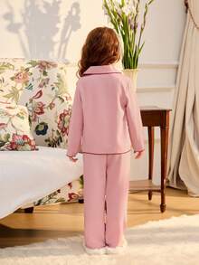 2pcs Young Girl Simple Cute Coral Pink Cherry Embroidered Long Pants And Loose Fit Long Sleeve Homewear Set - Coral Pink - View 3