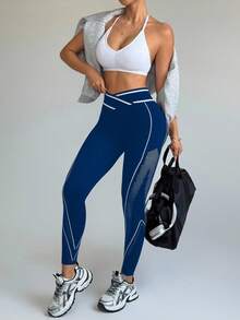 Slayform Women's Asymmetric Waist Hollow Design Casual Fitness Leggings - Navy Blue - View 3