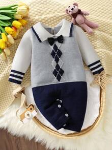 Newborn Baby Casual Fashion Cute Diamond Pattern White, Gray, Navy Blue Knitted Striped Bodysuit, Soft & Comfortable, Suitable For Daily, Outdoor, Travel, Holiday, Home, Daycare, Playtime, Autumn/Winter, Christmas, Back To School, Party, All-Match Airplane Captain Outfit For Baby Boy Knitted Baby Boy Outfit Baby Boy Sweater Set Sapphire Suit For Baby Boy Baby Sailor Navy Outfit Argyle Baby Boy Outfit Baby Boy Argyle Sweater Baby Boy Navy Suit Baby Sweater Baby Boy Argyle Outfit - Royal Blue - View 8