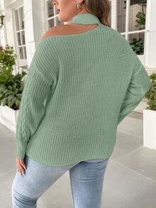 Elenzga Plus Size Women Cutout Shoulder Drop Shoulder Long Sleeve Cable Pattern Casual Pullover Sweater, Autumn/Winter - Green - View 2