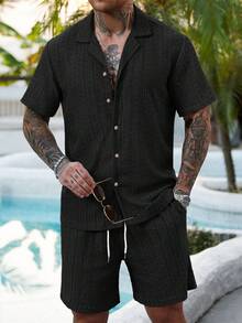 Manfinity RSRT 2 Pcs/Set Men's Solid Color Button-Down Hollow Shirt And Shorts Set, Vacation Solid Color Husband Casual Wear, Suitable For Vacation, Seaside Beach, Daily Leisure,Summer Wear Sets For Men Men Shirt Co Ords Men Outfits 2 Pieces, Cozy Outfits