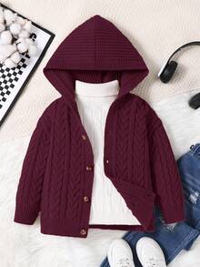 1件男童休闲可爱日常舒适宽松卡其色罗纹边连帽开衫，适合外出、上学、日常聚会、秋冬季穿着。 - 酒紅色 - 查看 7