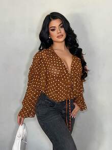 SHEIN SXY Fashionable Commuter Coffee Brown Polka Dot Ruffle Trim Shirt,Vacation,Brown ,Valentine's Day ,Going Out, Sexy Blouse For Women, Brown Blouse, Coffee Brown Top, Polka Dot Shirt, Pokadot Top - Coffee Brown - View 4