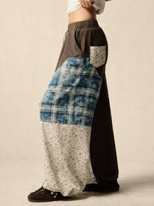 SoleilVie 女士复古拼接束口阔腿裤：小众设计，采用做旧格子和花卉印花，多色拼接工艺，中腰抽绳束口，宽松显瘦的休闲长裤 - 彩色 - 查看 4