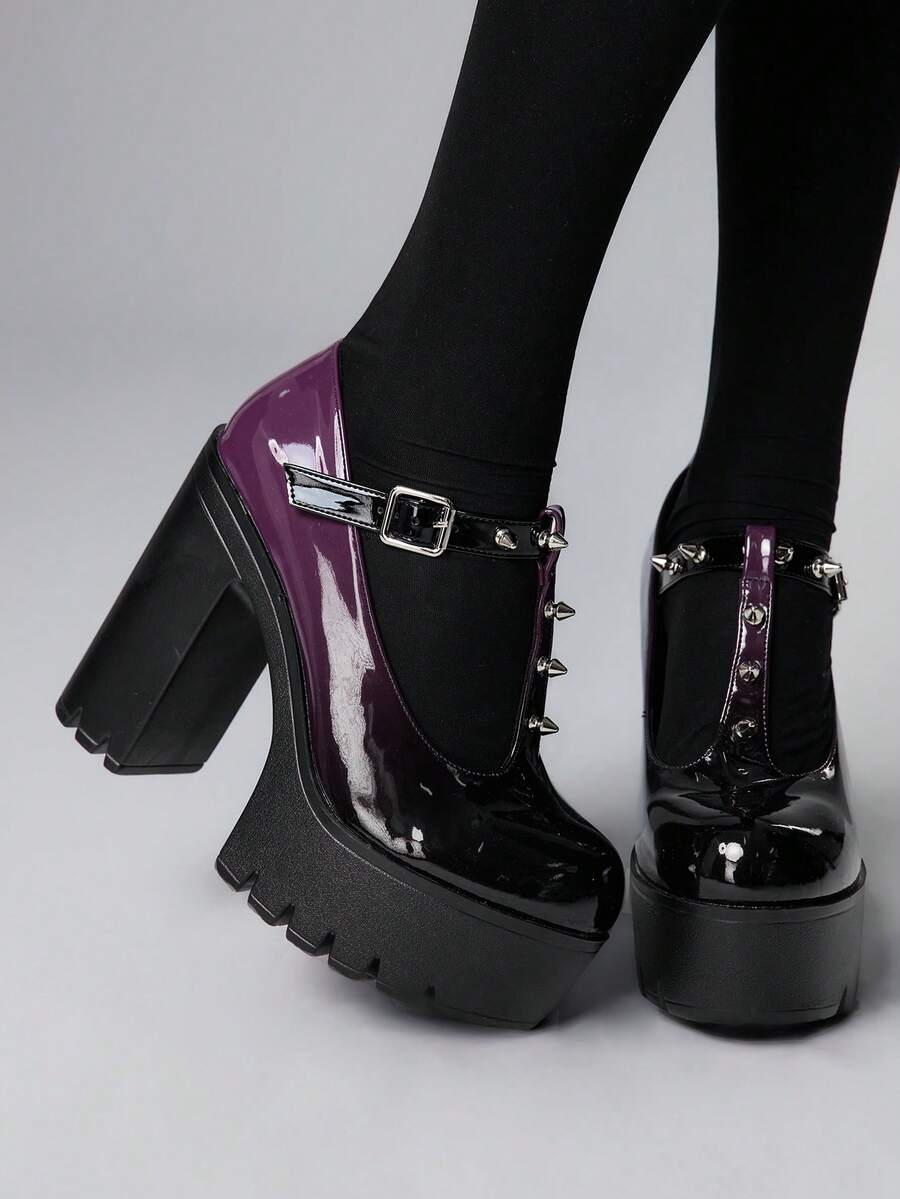 ROMWE Goth Tacones altos de moda con diseño de hebilla y suela gruesa en estilo ombre punk para mujer - Morado - Ver 1