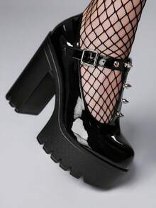 ROMWE Goth Casual Minimalist Black Thick Heel Platform Pumps For Women For Christmas Y2K 2000s Style - Black - View 3