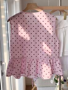 Comfortcana 女士休闲粉黑波点印花系带无袖衬衫，夏季粉色荷叶边上衣，优雅，适合度假、休闲、Y2K风格，春夏情人节、海滩生日派对、婚礼外出等场合。 - 粉色 - 查看 2