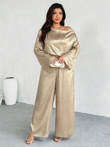 Firerie Damen Große Größen Set aus asymmetrischer Schulter Loose Metallic Weite Ärmel Bluse und Elastischer Taille Weite Bein Hose, geeignet für Dates, Partys, Pendeln, Konzerte, Abschlussfeier, Lehreroutfit, formelle Anlässe - Gold - Übersicht 5