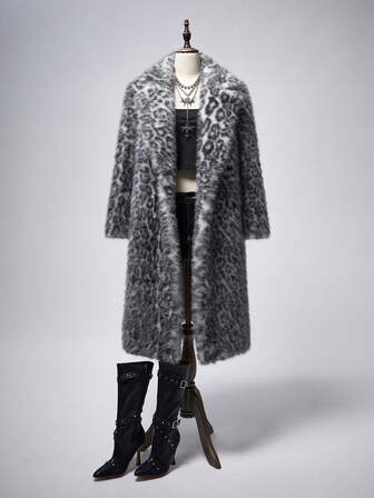 Grunge Punk Women's Fashionable Leopard Print Faux Fur Coat, Autumn/Winter