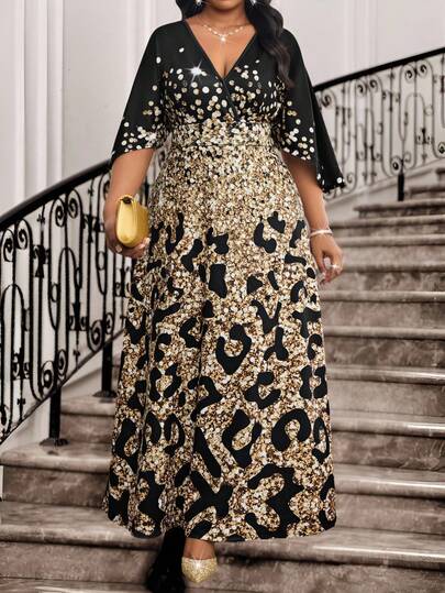 Fleurora Spring And Summer Elegant Modest Valentine's Day  Cocktail Party Office Concert/Music Festival Colorful Leopard Print Knitted Overlap Collar Flared Flounce Sleeve Long Three Quarter Length Sleeve Plus Size Dresses Summer Dress Long Summer Dress For Women Valentine Dress Valentine Outfits For Women Carnival Costume Carnival Women Look 2026 Carnival Outfit Carnival Costume For Women Women Carnival Costume Carnival Costumes Female Carnival Costume Party Dress Elegant Party Dresses For Women Elegant Dresses For Women Elegant Dresses For Ladies