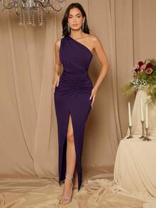 SHEIN Belle Váy phù dâu dự tiệc xẻ vai thanh lịch, ôm sát, xếp nếp dành cho nữ - Màu tím - Xem 1