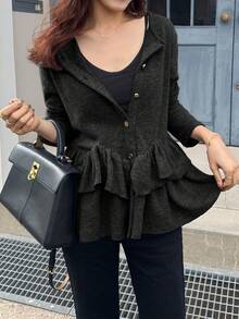 FRIFUL Women's Casual Solid Color Ruffle Hem Button Front T-Shirt, Autumn/Winter - Black - View 6