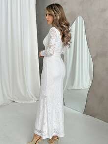 Jemour 女士优雅蕾丝褶饰连衣裙 - 白色 - 查看 5