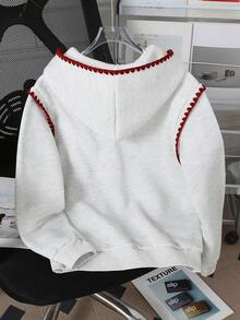 SHEIN 1pc Tween Girl Oversized Cherry Print Sweatshirt,Cute Back-To-School Loose Fit Pullover,Red And White Stripe Contrast Trim,Comfortable Autumn School - Light Grey - View 2