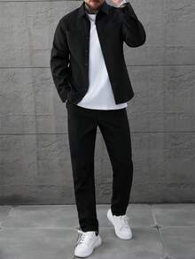 Manfinity Homme 男士秋冬小格纹经典双口袋长袖衬衫搭配弹力抽绳长裤两件套，适合休闲、办公、居家、聚会、约会、商务、驾车或骑行等各种场合，正式或非正式皆宜，自用或送礼皆宜。 - 黑色 - 查看 4