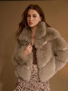 MOTF PREMIUM 时尚立领罗纹人造毛皮大衣 - 卡其色 - 查看 4