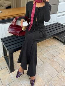 DAZY Women's Solid Color Front Tie Long Sleeve Top And Flare Pants Casual 2 Pieces Set - Black - View 4