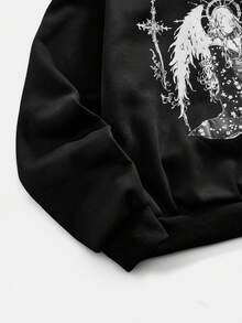 ROMWE MEN Men's Anime Character Print Long Sleeve Casual Hoodie - Black - View 4