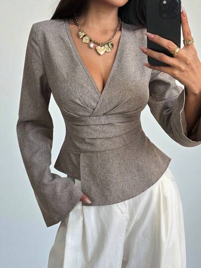 SHEIN PETITE Yeni Şık İşe Gidiş Beli Büzgülü Asimetrik Etek Uzun Kloş Kollu V Yaka Kazak Bluz, Sonbahar/Kış İçin Uygun