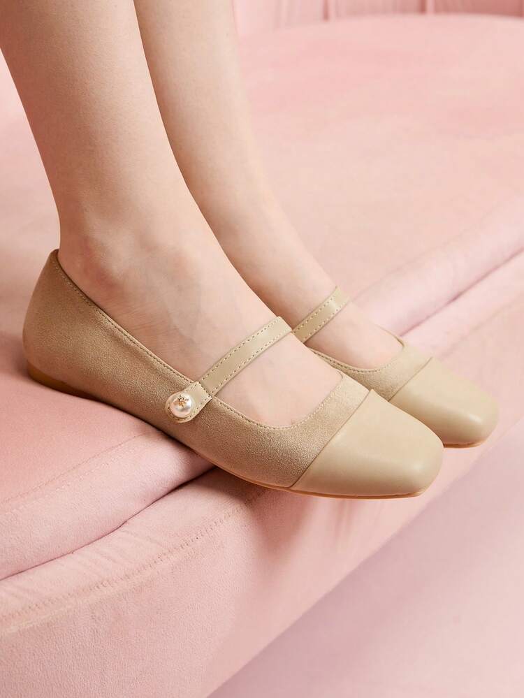 CUCCOO DOLLMOD Women's Fashion Apricot Round Toe Faux Pearl Decor Ankle Strap Ballet Flats, Comfortable For Commuting, Party, Shopping, Vacation Spring Shoes