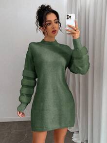 Elenzga Plus Size Solid Color Fitted Stand Collar Casual Versatile Long Sleeve Sweater Dress - Army Green - View 1