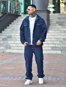 Devon Thys Men's Fashionable Casual Street Style Denim Jacket, Versatile Young Streetwear College Jacket, Fall - Dark Wash - View 6