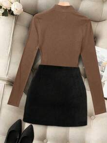 Franclia 女士休闲、办公、通勤百搭立领长袖T恤和百褶裙两件套，秋冬款 - 彩色 - 查看 2