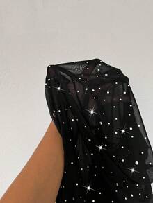 Lavishia Conjunto de 2 piezas de ropa de mujer con tela de rejilla y decoración de strass, versátil negro, adecuado para salidas de otoño/invierno - Negro - Ver 7