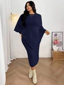 Firerie Set de 2 piezas Suéter estilo poncho y vestido recto de cuello en V para mujer de talla grande, adecuado para el Día de San Valentín, conciertos, actuaciones, citas, cenas formales, galas, bodas, sexy, elegante, para ir al trabajo, vuelta al colegio, vacaciones, playa, romántico, para oficinista, estilo de sirena, fiesta de cumpleaños. Vestido de suéter de manga de murciélago, vestido elegante de dos piezas de manga larga cómodo para otoño/invierno - Azul Marino - Ver 6