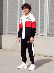 Vacaura Conjunto deportivo de 2 piezas para niños preadolescentes, con chaqueta con capucha informal con cremallera y estampado digital de letras, pantalones con cordón de color contrastante, adecuado para primavera, otoño e invierno - Multicolor - Ver 1