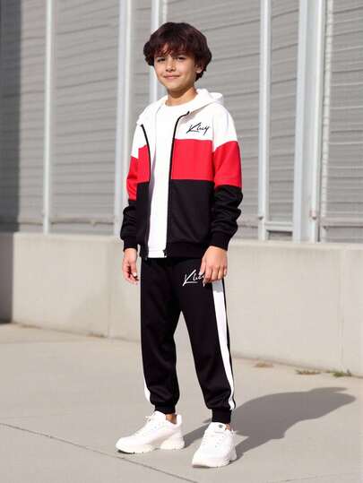 Vacaura Tween Boys' Casual Hoodie Jacket With Zipper & Digital Print Letter Pattern, Contrast Color Drawstring Pants, Sports 2-Piece Set, Suitable For Spring, Autumn & Winter