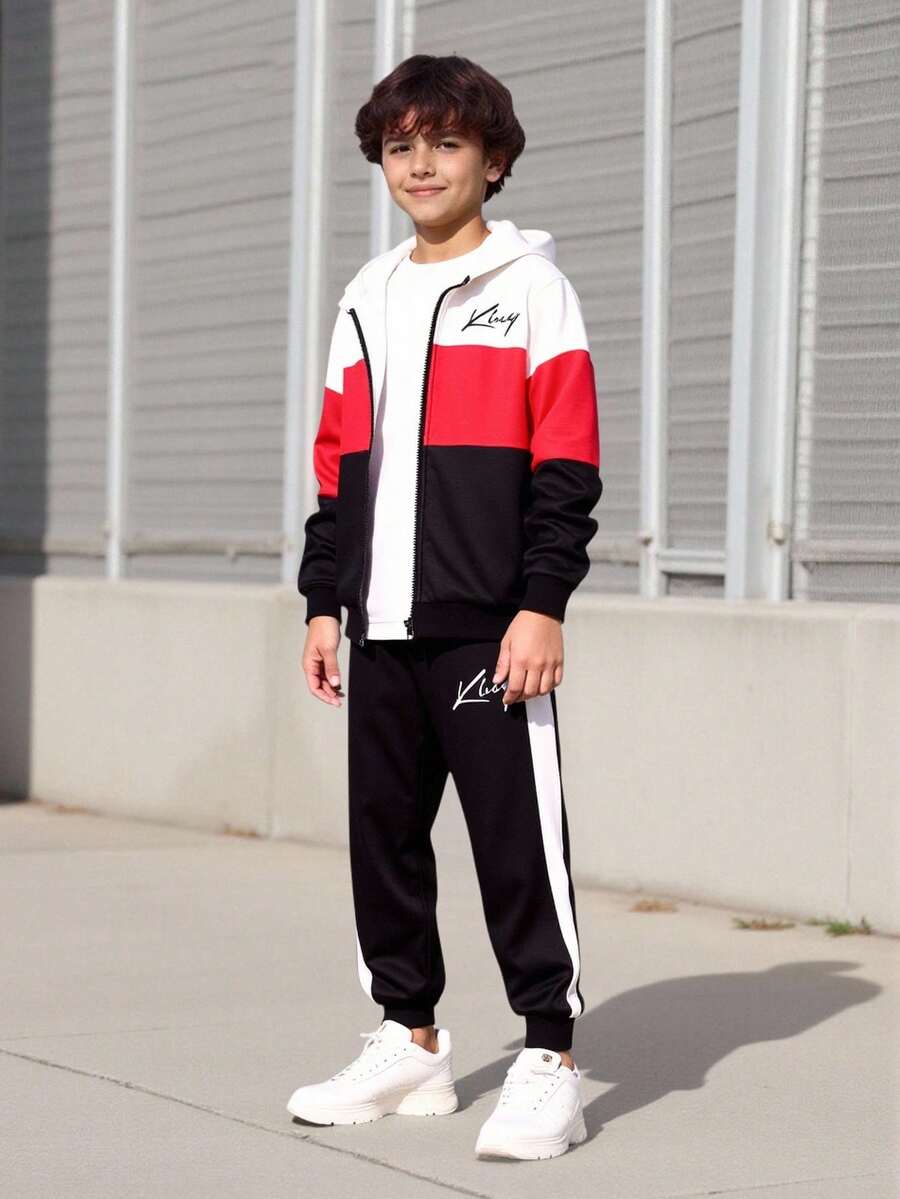 Vacaura Conjunto deportivo de 2 piezas para niños preadolescentes, con chaqueta con capucha informal con cremallera y estampado digital de letras, pantalones con cordón de color contrastante, adecuado para primavera, otoño e invierno - Multicolor - Ver 1