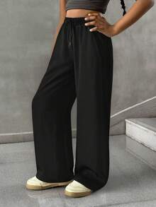 SHEIN Tween Girl Summer Simple Front Tie Loose Sweatpants, Casual Daily Wear Wide Leg Sweatpants Comfy Pants Black Baggy Pants Lounge Pants Loose Pants - Black - View 3