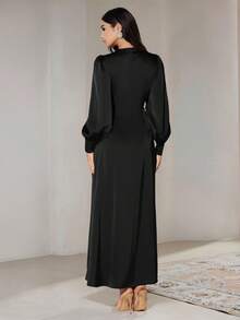 Veilorie Women's Solid Color Puff Sleeve Waist Tie Pleated Design Elegant Dress Black Dress - Black - View 6