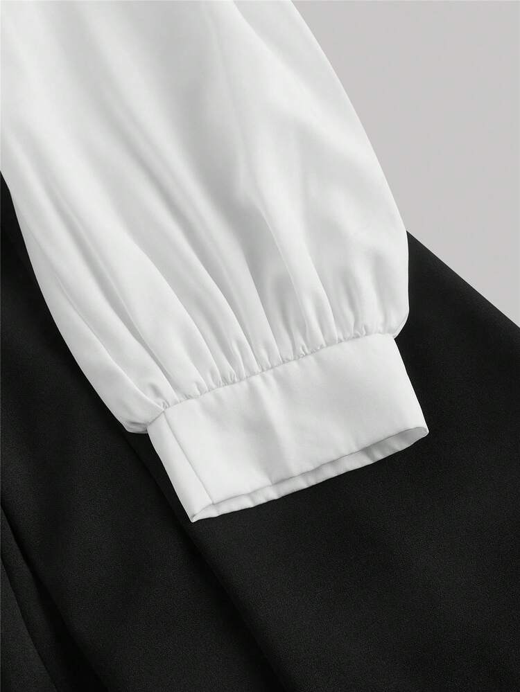 SHEIN MOD 女性の秋のカラーブロック Aラインエレガントドレス、長袖、ウエストシェイプ、バックトゥースクール、秋のドレス、外出着、ティーチャードレス、白の長袖ドレス、チェック ツイード エレガントドレス、ホームカミングドレス - ブラック&ホワイト - 見る 4