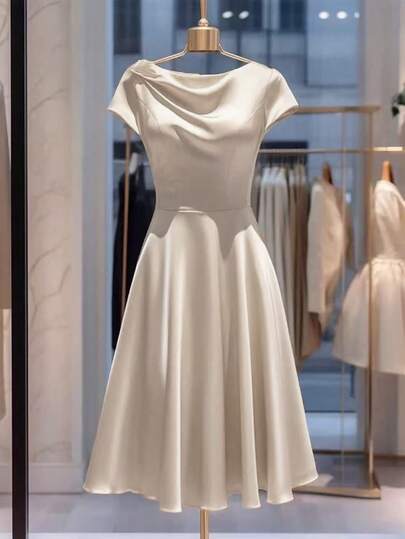 Franclia 女士纯色褶皱短袖优雅腰部收腰中长连衣裙