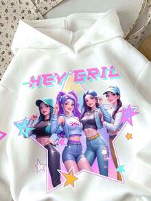 Sparklyn 1 pieza Sudadera con estampado gráfico de personaje de dibujos animados blanco con estilo KPOP para niña preadolescente 2025 Funny Girl, regalo para fans de la ola coreana, ropa de moda para niñas y niños, ropa a juego para hermanas, adecuada para vacaciones, fiestas y uso diario, otoño/invierno - Albaricoque - Ver 3